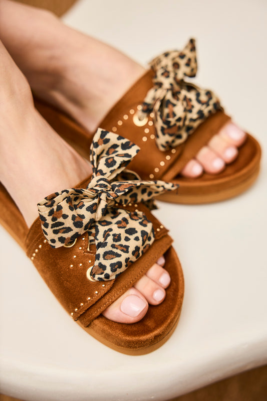 Sandales camel avec rubans léopard - Chaussures Femmes | Mon Lacet Français