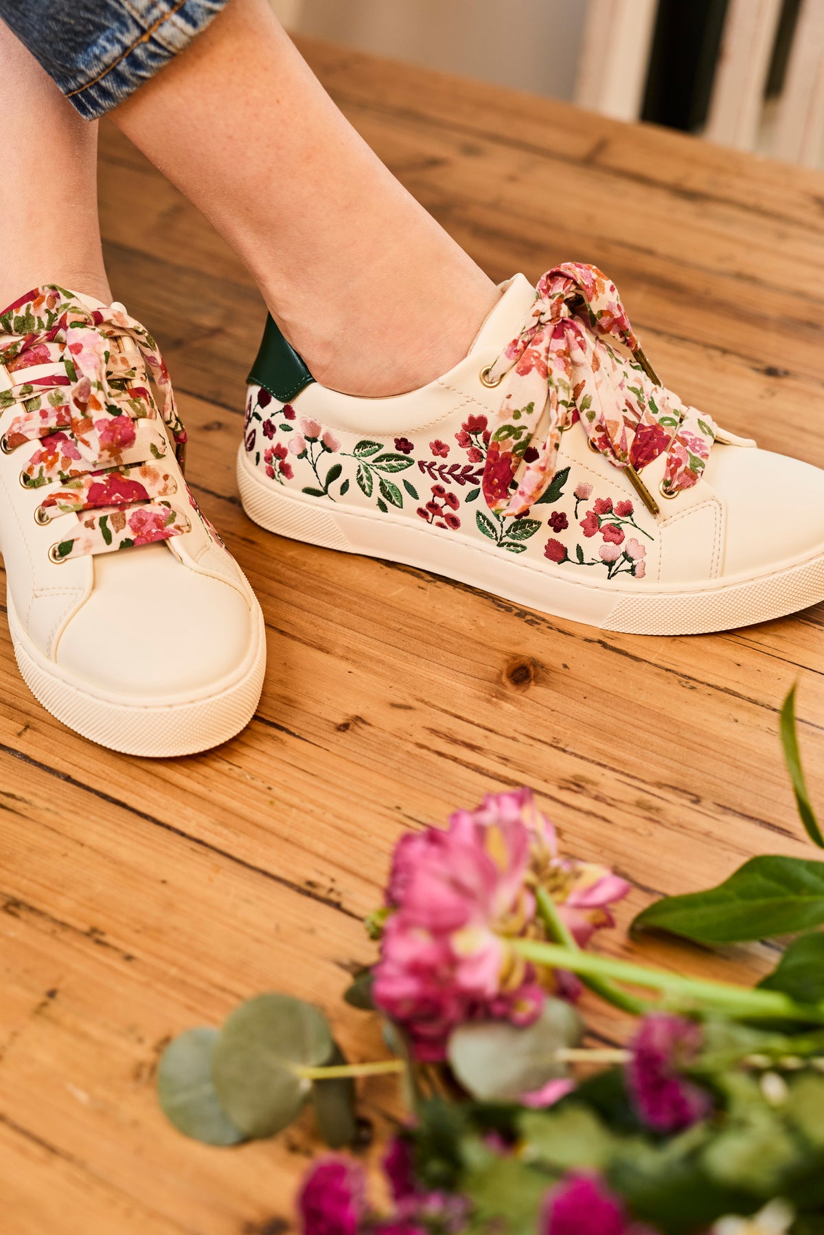 Lacets fleuris rose et vert - Lacets originaux chaussures | Mon Lacet Français