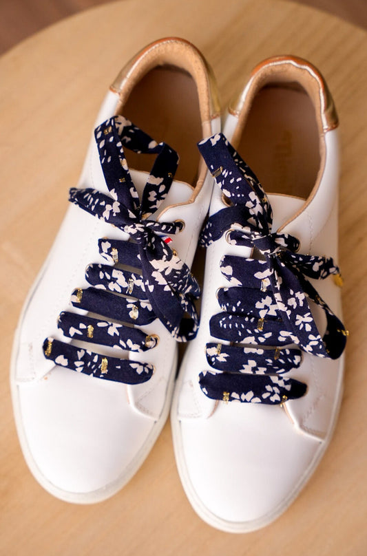Lacets bleu marine et blanc plumetis dorés  - Lacets originaux chaussures | Mon Lacet Français