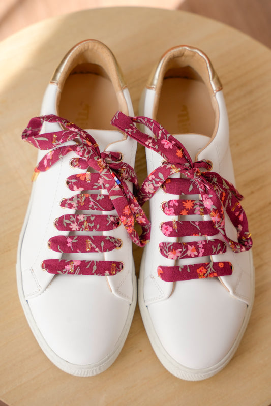 Lacets bordeaux fleuris plumetis dorés - Lacets originaux chaussures | Mon Lacet Français