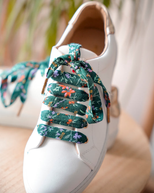 Lacets fleuris vert foncé et dorés - Lacets originaux chaussures | Mon Lacet Français